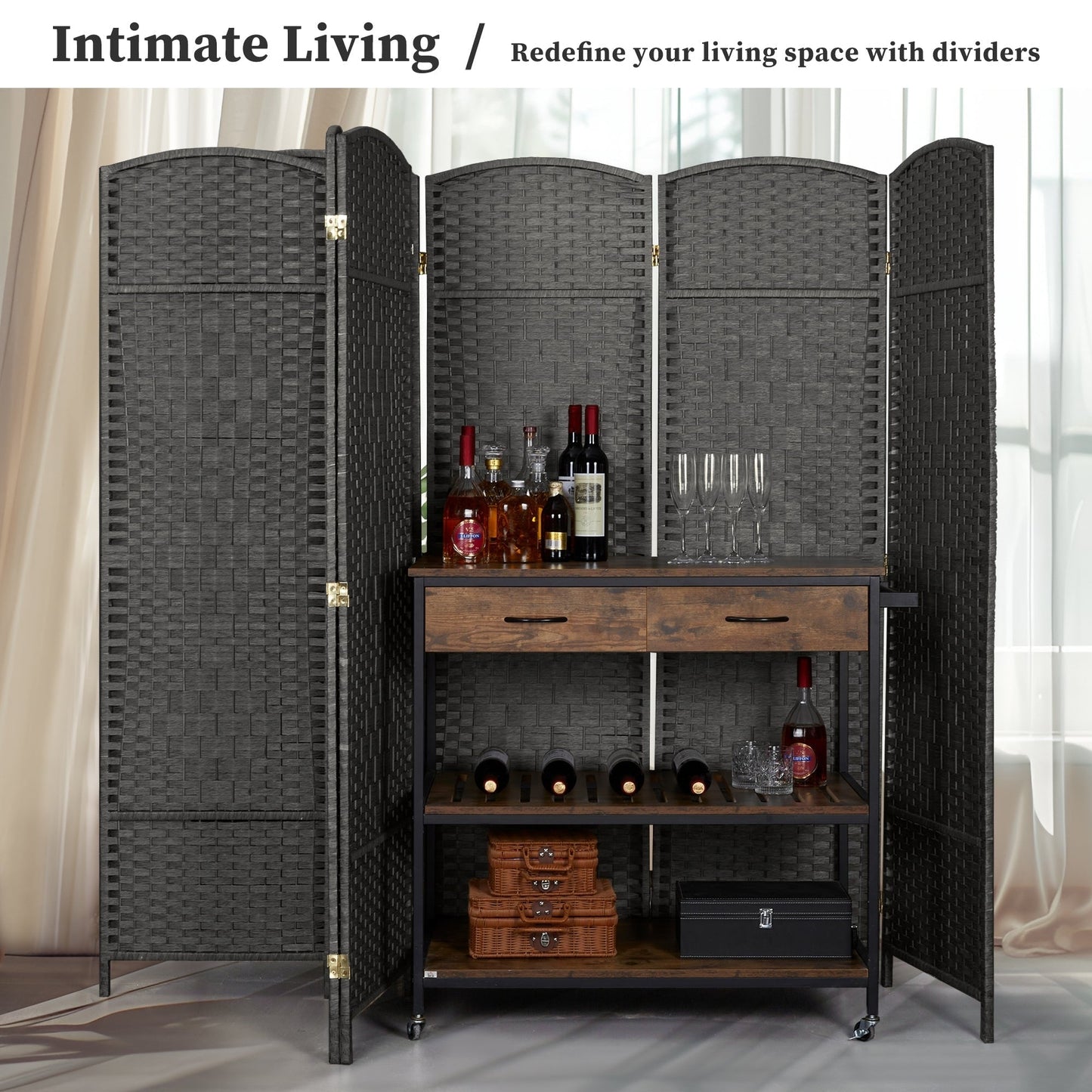 Paravent pliable, séparateur de pièce, hauteur 1,8 m, en fibre tressée, à poser au sol, pour plus d'intimité