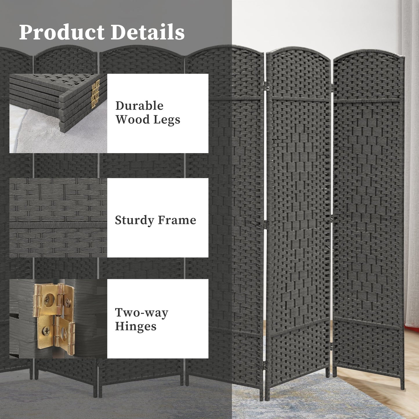 Paravent pliable, séparateur de pièce, hauteur 1,8 m, en fibre tressée, à poser au sol, pour plus d'intimité