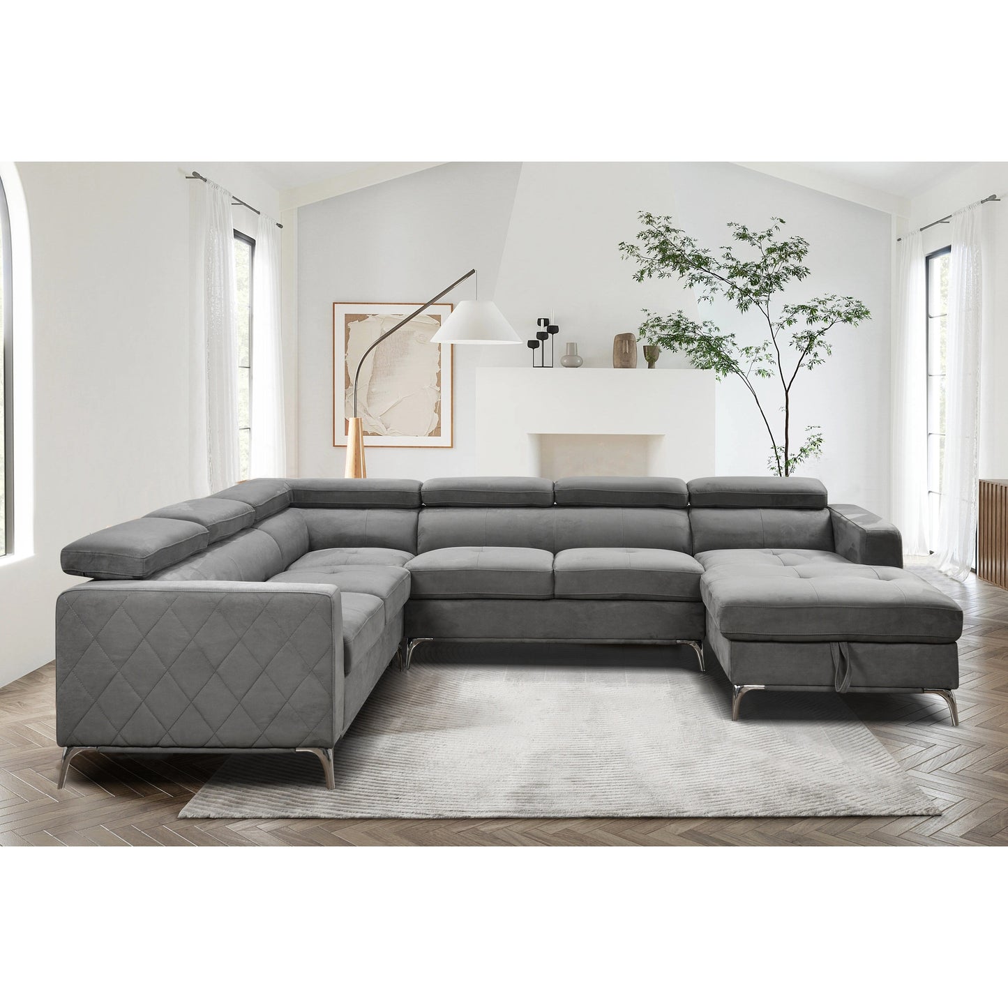 Roomfitters 122 Canapé Sectionnel Extra-Large avec Chaise Longue et Range-Ménage, Canapé Contemporain en Forme de U à 7 Places