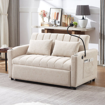 Canapé-lit convertible Roomfitters avec ports USB, poches latérales, porte-gobelets et support de téléphone pivotant pour salon.