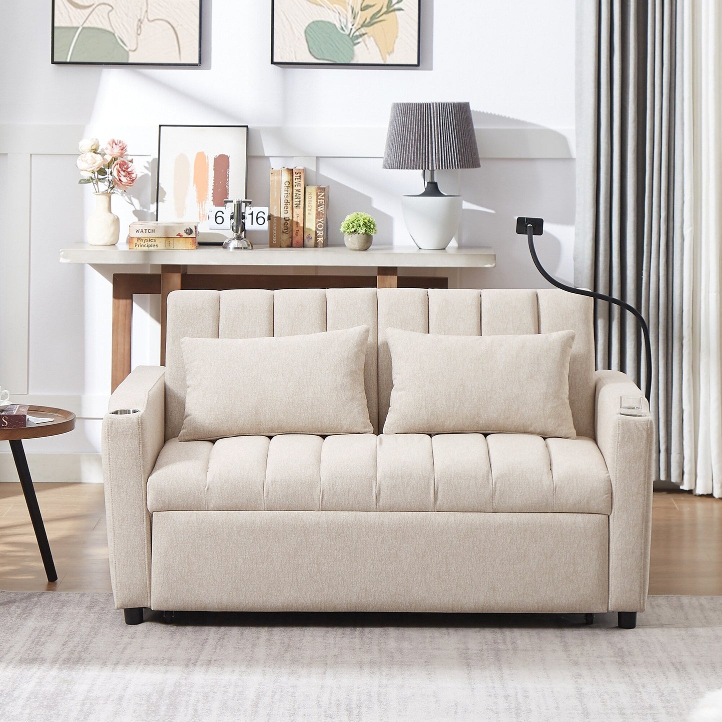 Canapé-lit convertible Roomfitters avec ports USB, poches latérales, porte-gobelets et support de téléphone pivotant pour salon.