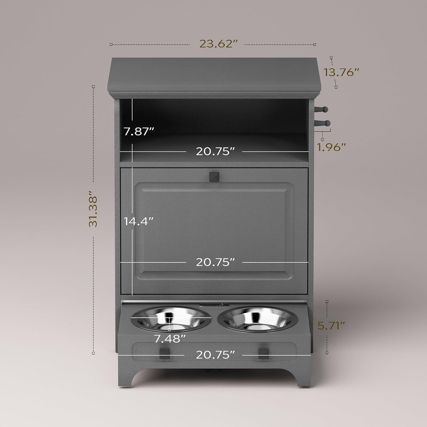Station d'alimentation pour chien Roomfitters avec 2 gamelles surélevées, meuble de rangement basculant pour l'alimentation des animaux domestiques