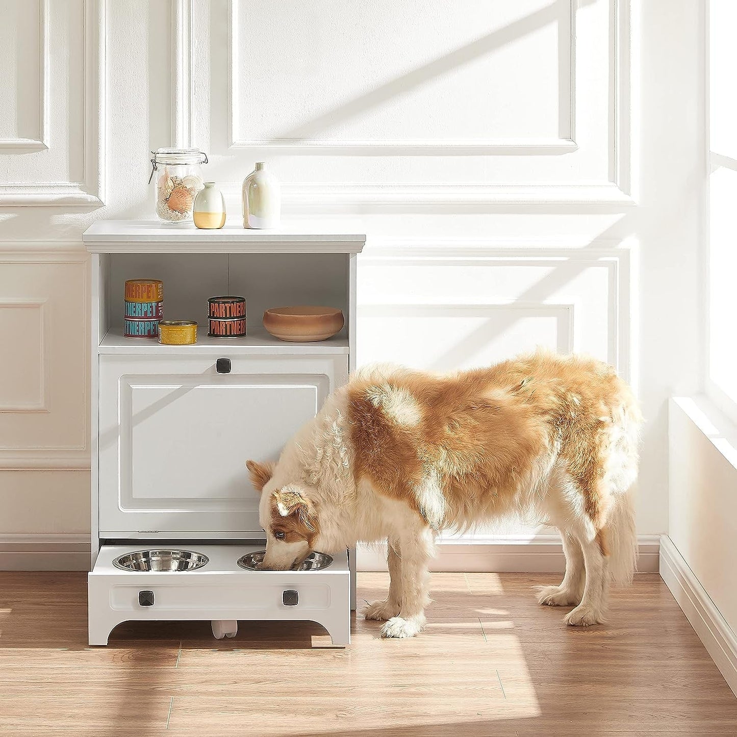 Station d'alimentation pour chien Roomfitters avec 2 gamelles surélevées, meuble de rangement basculant pour l'alimentation des animaux domestiques