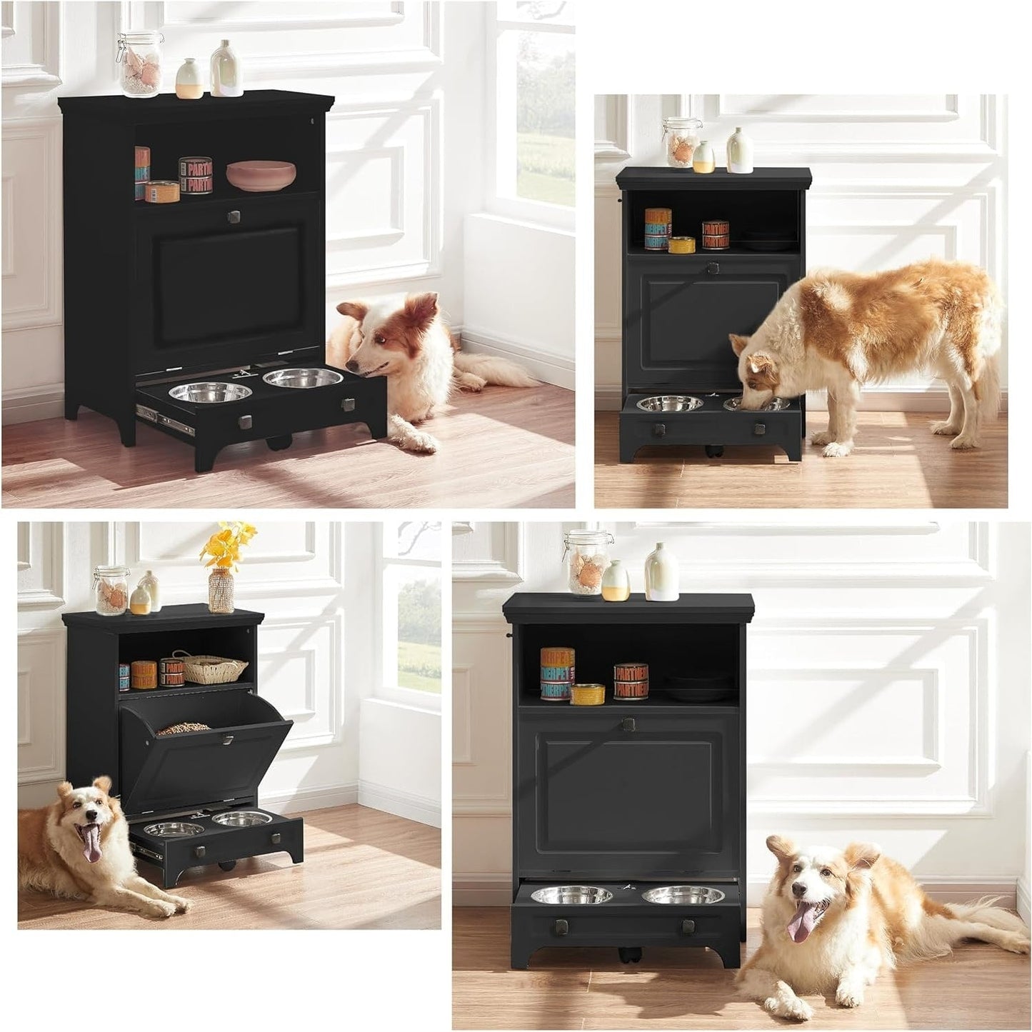 Station d'alimentation pour chien Roomfitters avec 2 gamelles surélevées, meuble de rangement basculant pour l'alimentation des animaux domestiques