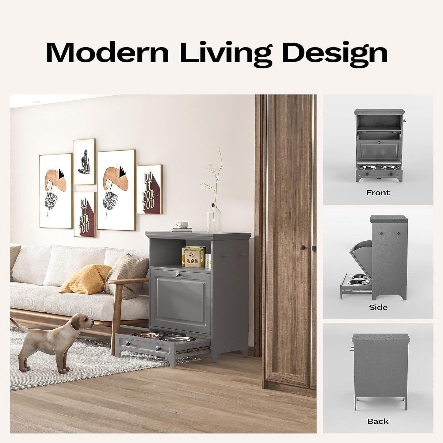 Station d'alimentation pour chien Roomfitters avec 2 gamelles surélevées, meuble de rangement basculant pour l'alimentation des animaux domestiques