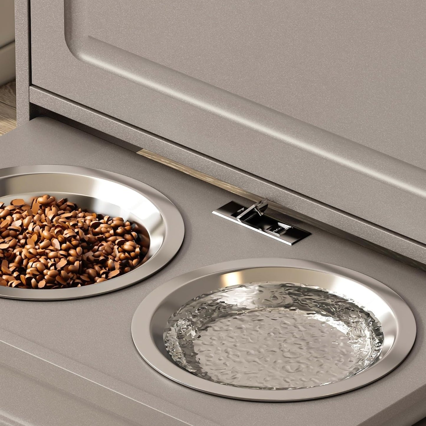 Station d'alimentation pour chien Roomfitters avec 2 gamelles surélevées, meuble de rangement basculant pour l'alimentation des animaux domestiques