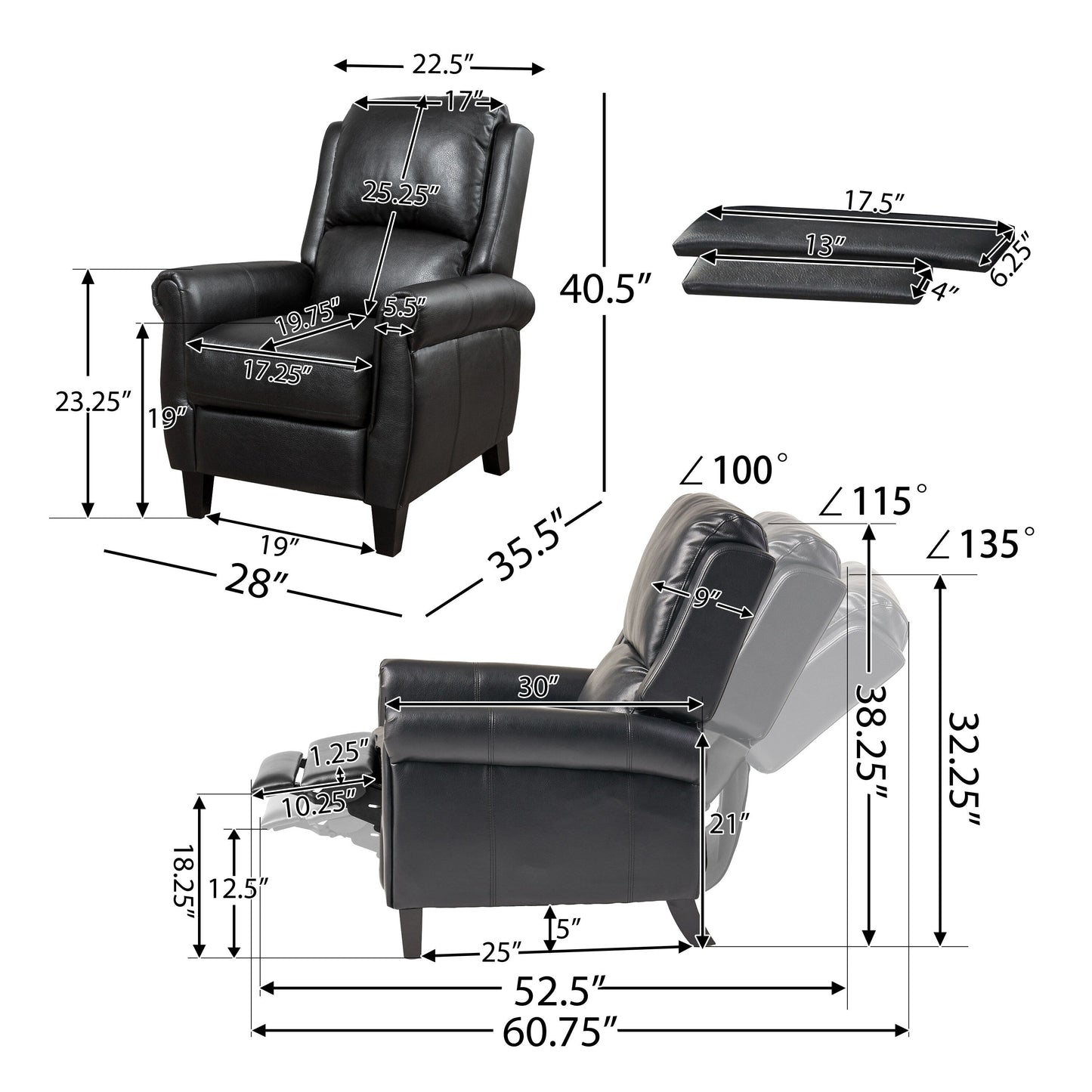 Fauteuil inclinable à dossier basculant en cuir PU Roomfitters Ultimate Comfort, fauteuil inclinable luxueux pour salon ou chambre à coucher
