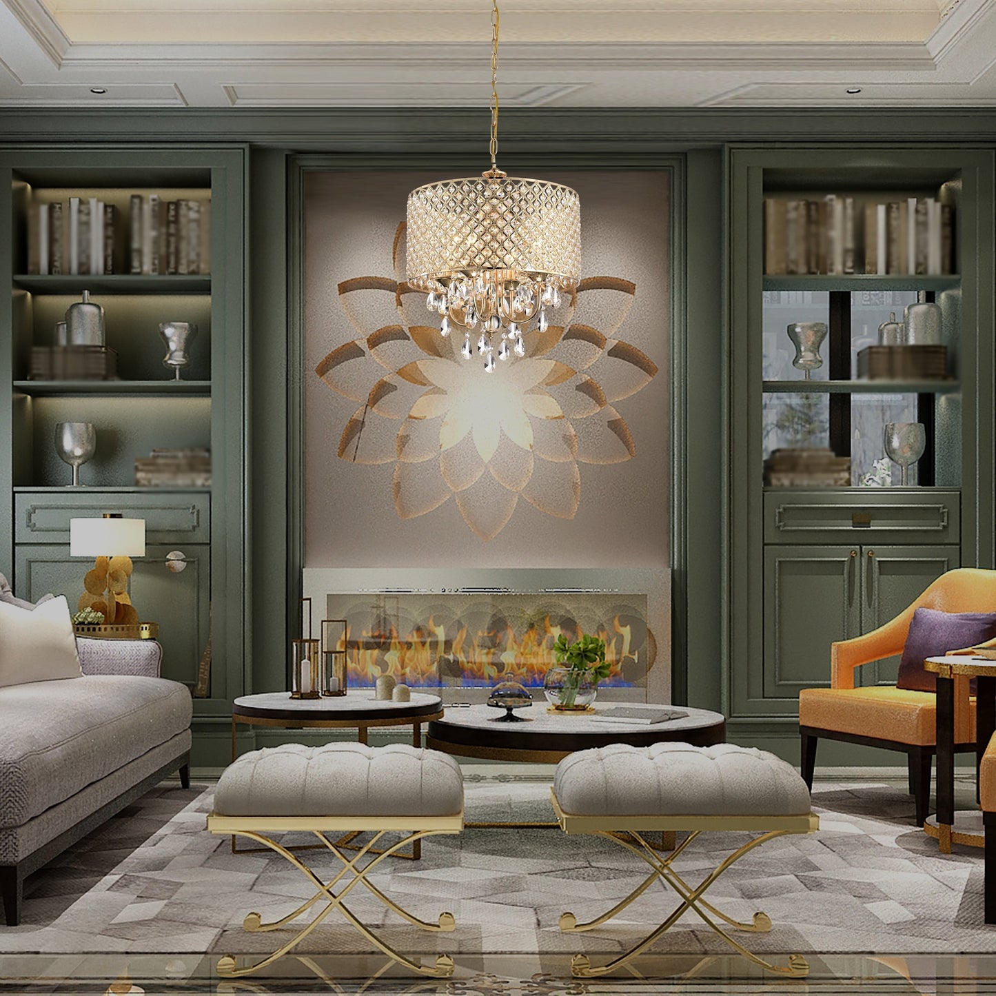 Suspension tambour ronde perlée avec cristaux suspendus