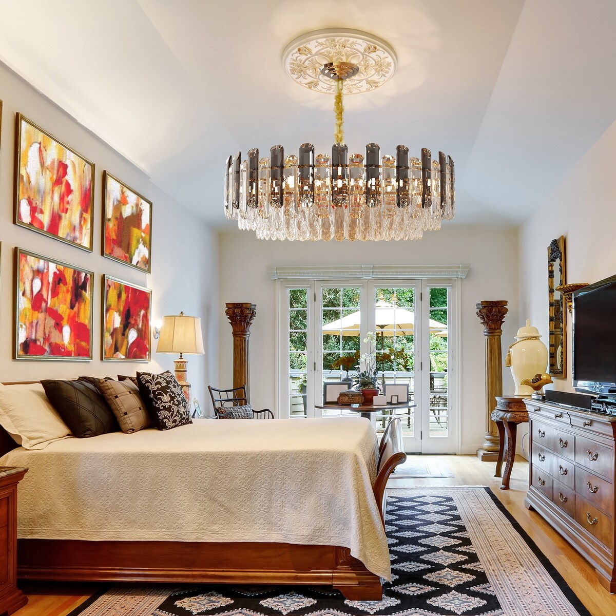 Suspension lumineuse en cristal à plusieurs couches, ronde et brillante, avec éclairage à 3 couleurs.