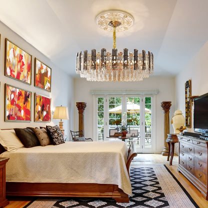 Suspension lumineuse en cristal à plusieurs couches, ronde et brillante, avec éclairage à 3 couleurs.