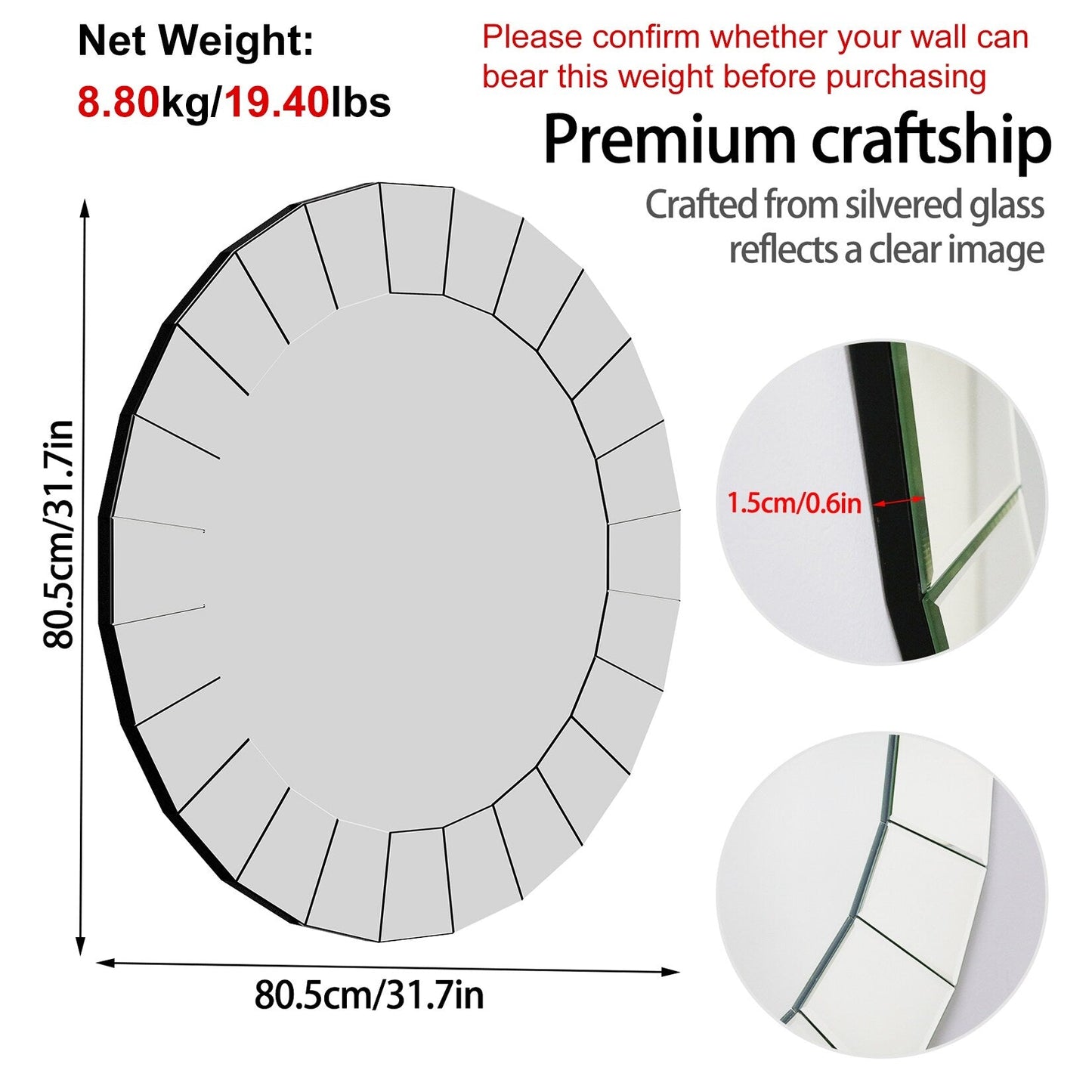 Miroir mural rond décoratif en verre, miroir vénitien orné - 32x32