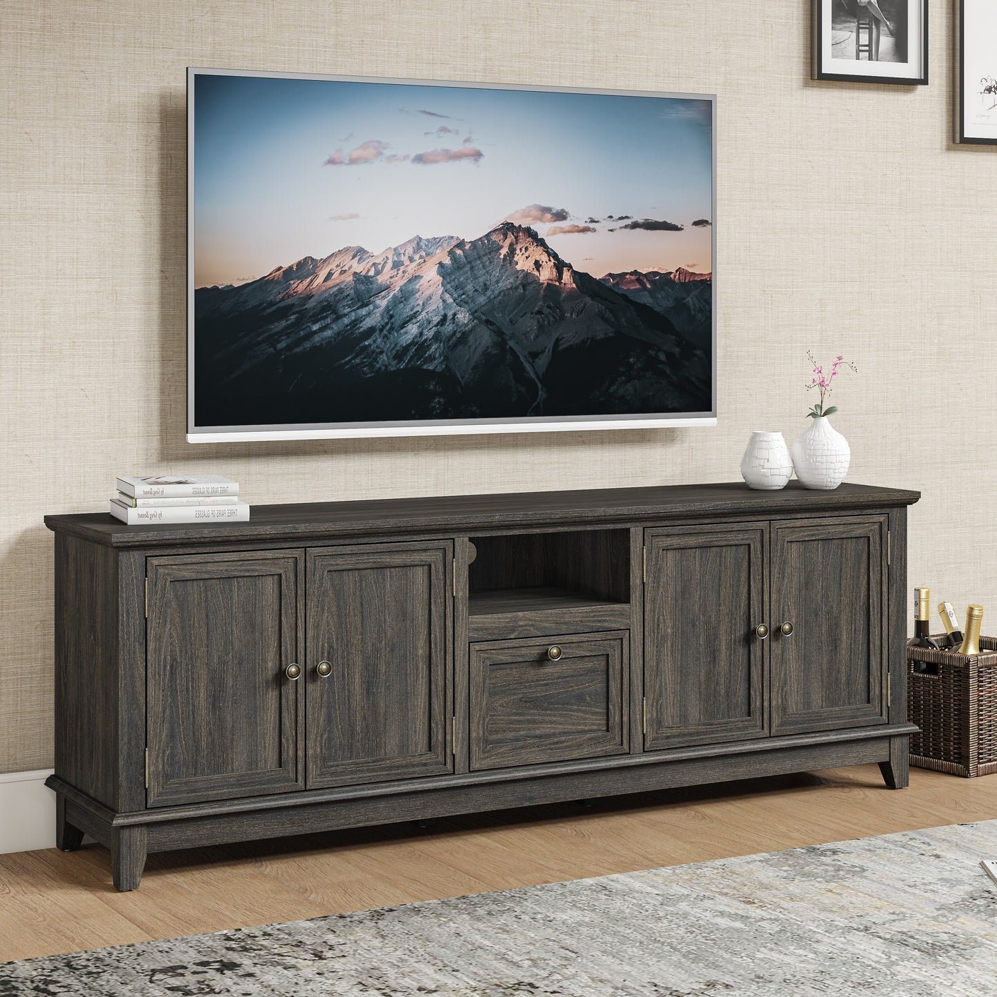 Meuble TV rustique de 183 cm (72 pouces) avec étagères réglables et rangement caché - 183 cm de largeur