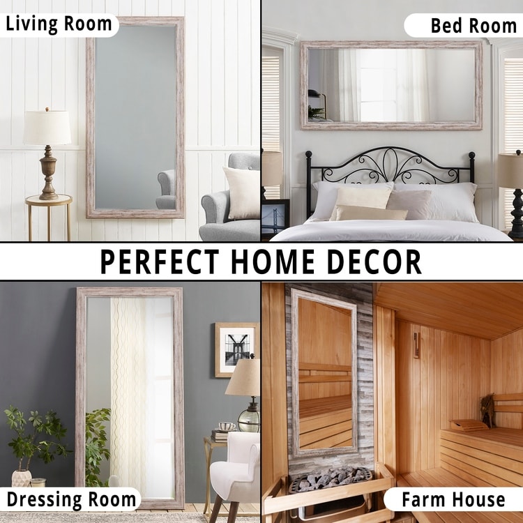 Grand miroir mural rustique - Miroir pleine longueur rectangulaire avec cadre en bois 66 x 32 pouces pour salon, chambre à coucher