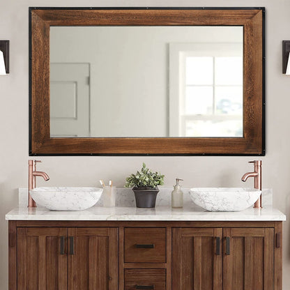 Grand miroir de coiffeuse mural à cadre en bois et fer naturel de style rustique