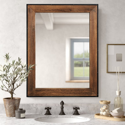 Grand miroir de coiffeuse mural à cadre en bois et fer naturel de style rustique