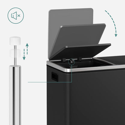 SONGMICS Dual Trash Can, 16 Gallon Stainless Steel Rubbish Bin, Black