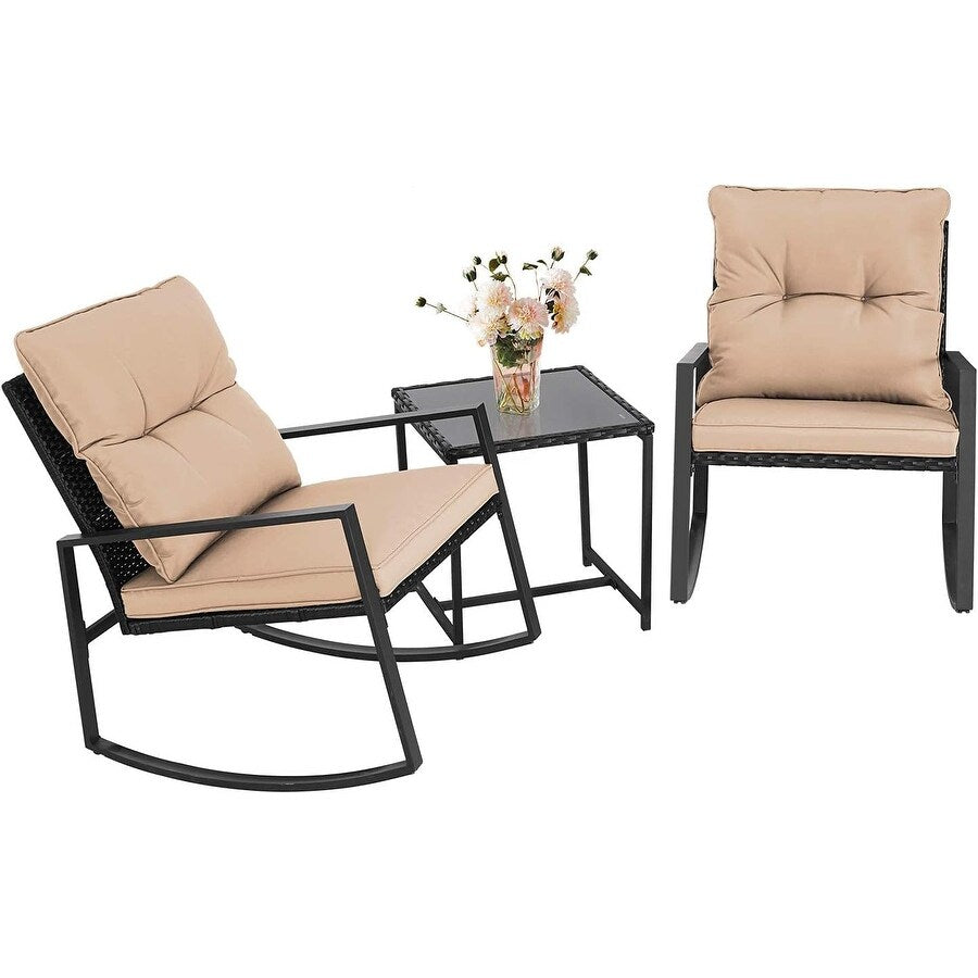 SUNCROWN 3-Piece Black Metal Outdoor Patio Rocking Bistro Set