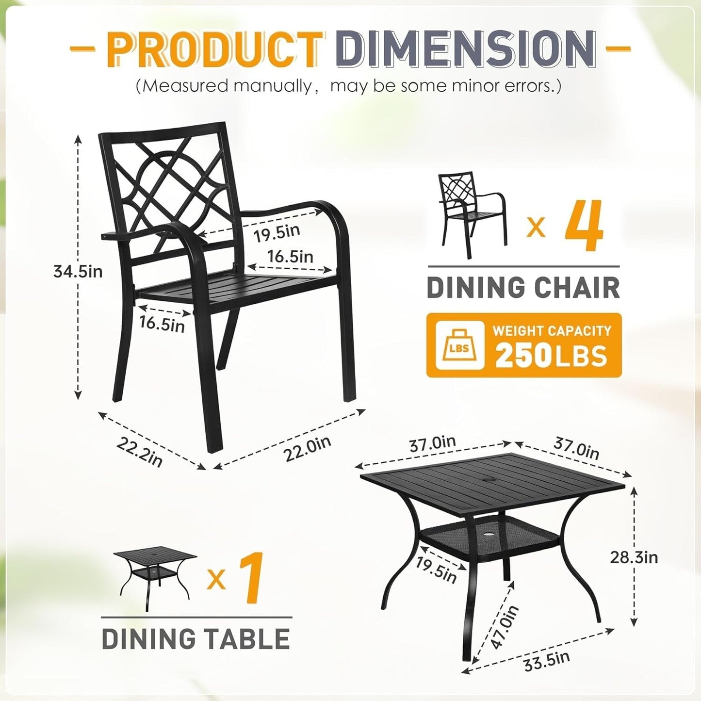 SUNCROWN Ensemble de repas d'extérieur pour patio, 5/7 pièces, en acier, avec table à lattes métalliques et chaises empilables, cadre à revêtement en poudre.
