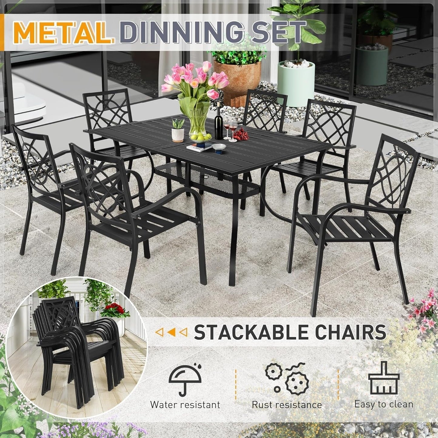 SUNCROWN Ensemble de repas d'extérieur pour patio, 5/7 pièces, en acier, avec table à lattes métalliques et chaises empilables, cadre à revêtement en poudre.