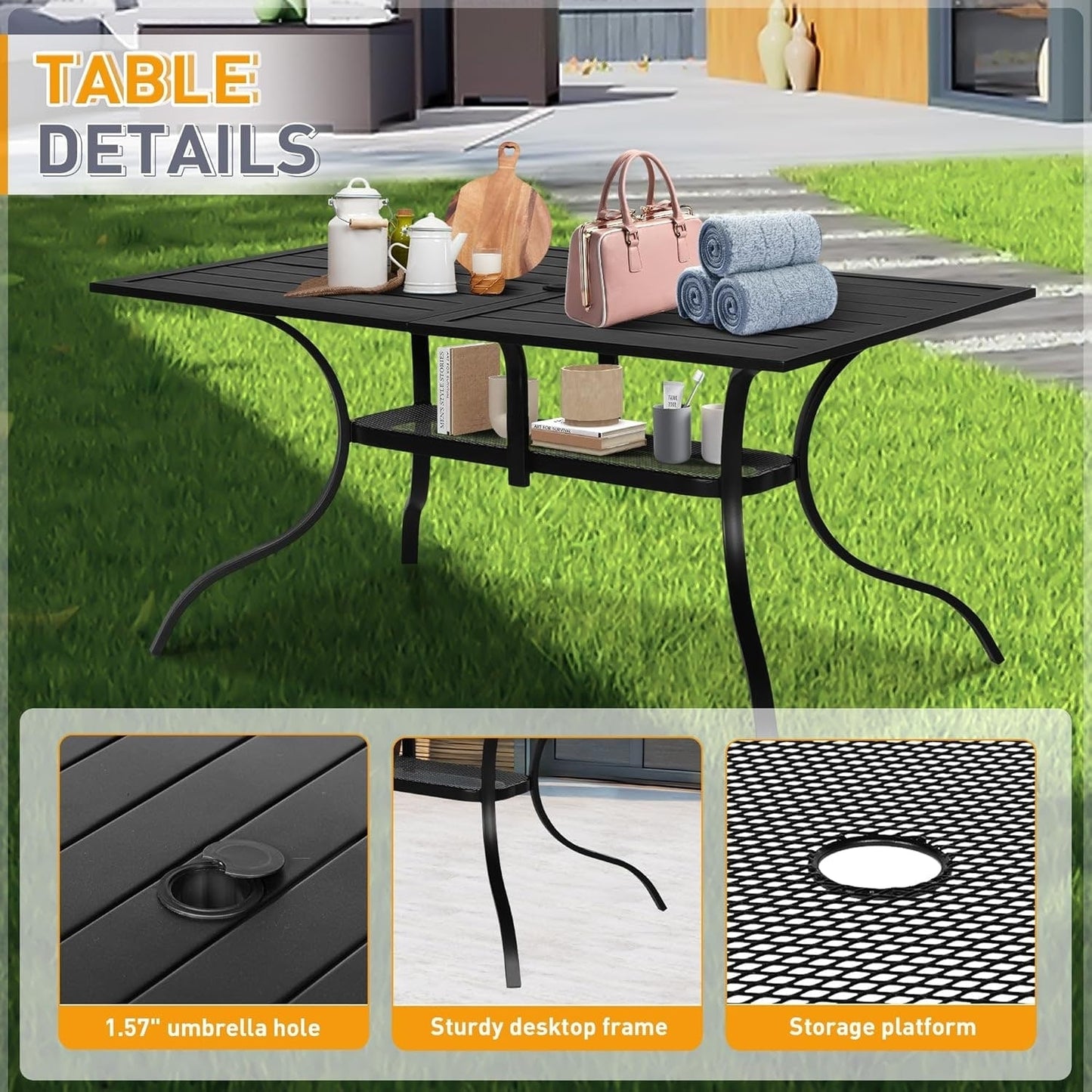 SUNCROWN Ensemble de repas d'extérieur pour patio, 5/7 pièces, en acier, avec table à lattes métalliques et chaises empilables, cadre à revêtement en poudre.