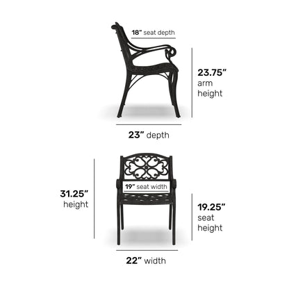 Ensemble de repas d'extérieur Sanibel en aluminium bronze, 7 pièces, comprenant une table ovale de 72 pouces et six chaises à accoudoirs de Homestyles.