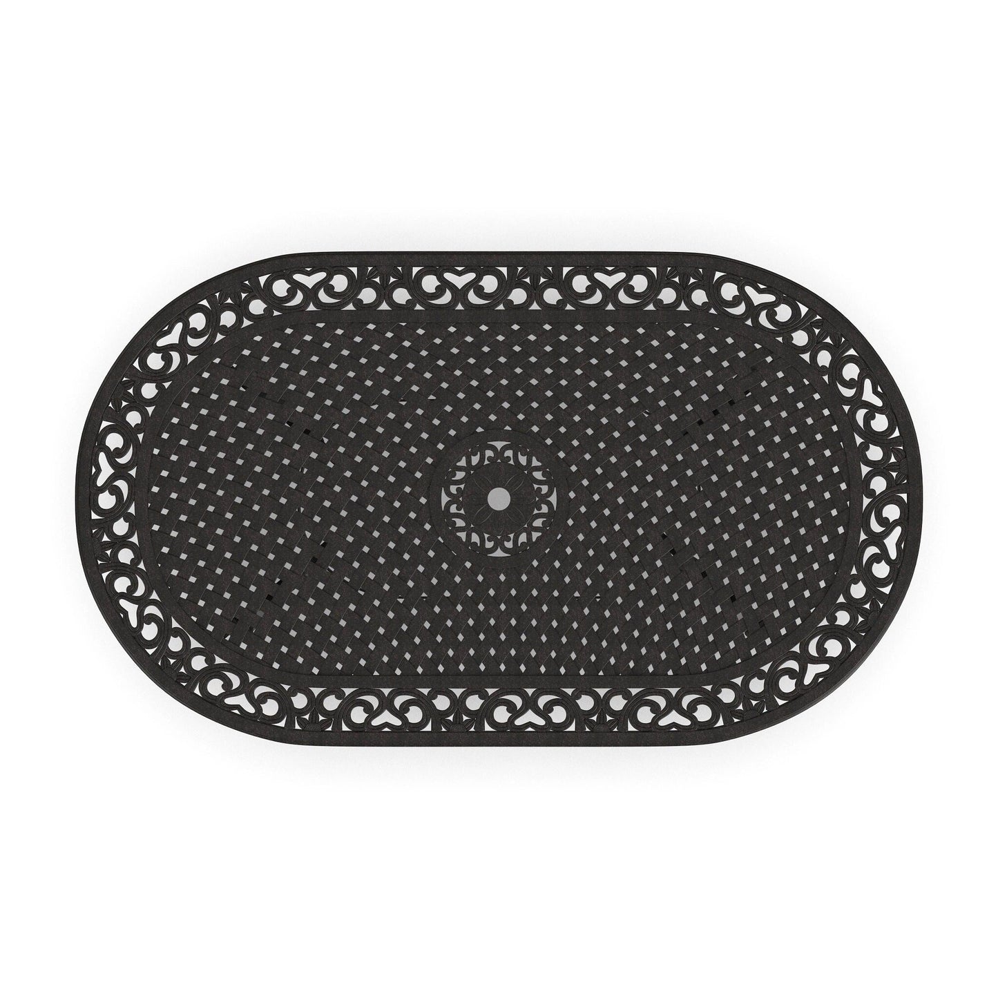 Ensemble de repas d'extérieur Sanibel en aluminium bronze, 7 pièces, comprenant une table ovale de 72 pouces et six chaises à accoudoirs de Homestyles.