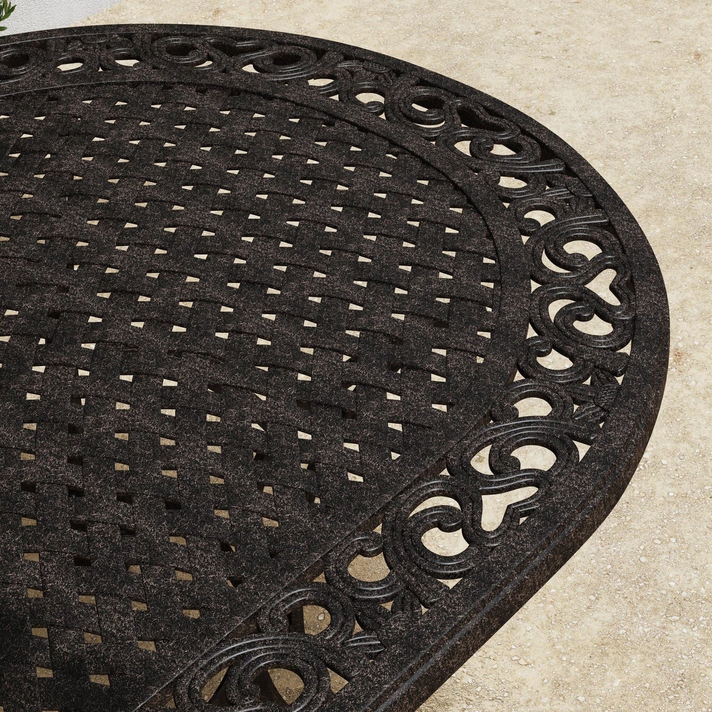 Ensemble de repas d'extérieur Sanibel en aluminium bronze, 7 pièces, comprenant une table ovale de 72 pouces et six chaises à accoudoirs de Homestyles.