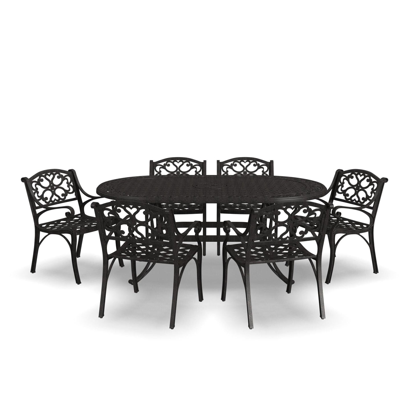 Ensemble de repas d'extérieur Sanibel en aluminium bronze, 7 pièces, comprenant une table ovale de 72 pouces et six chaises à accoudoirs de Homestyles.