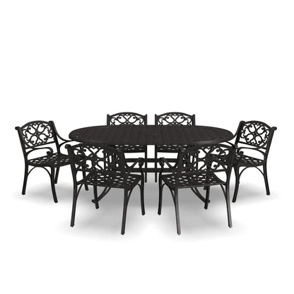 Ensemble de repas d'extérieur Sanibel en aluminium bronze, 7 pièces, comprenant une table ovale de 72 pouces et six chaises à accoudoirs de Homestyles.