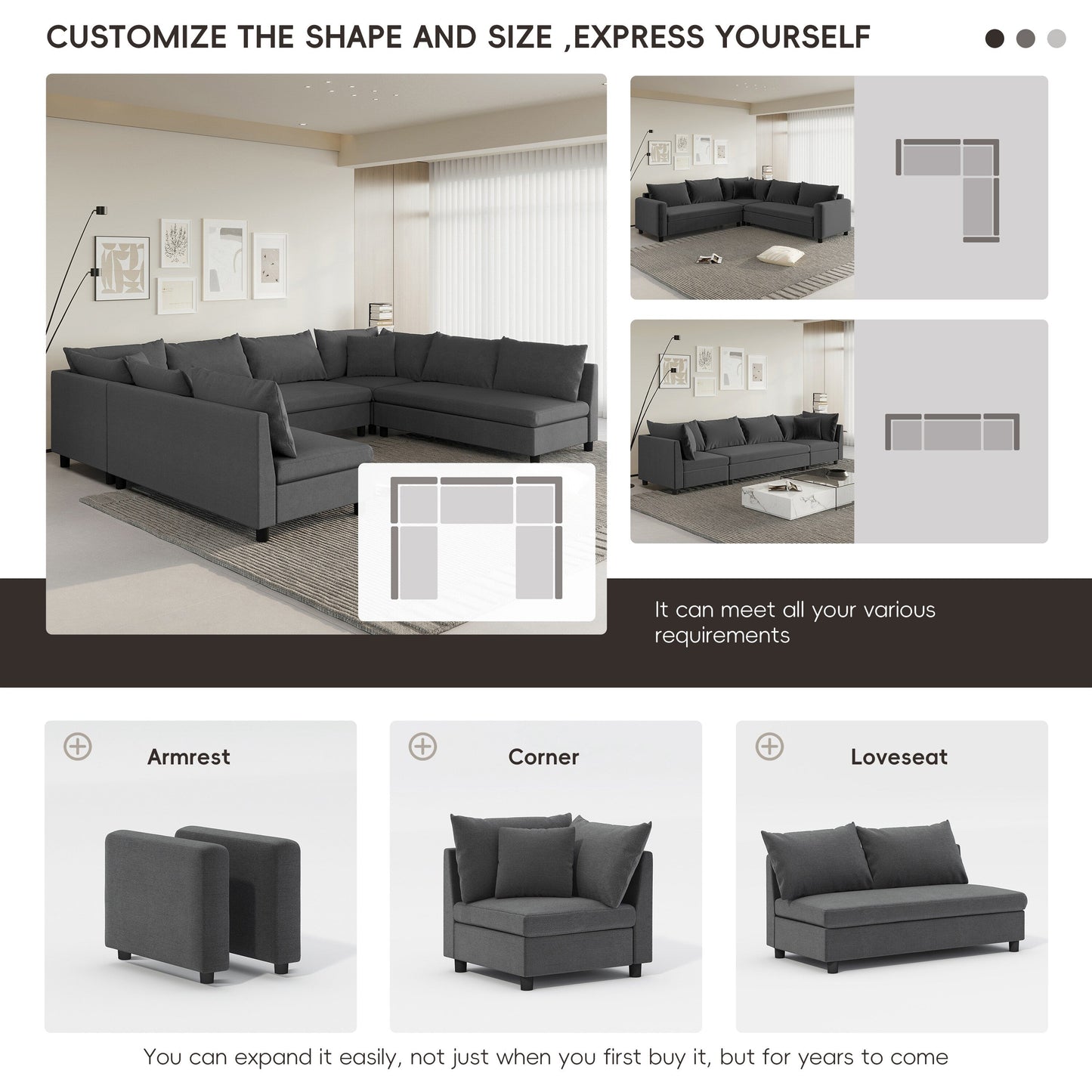 Canapé d'angle, ensemble de canapés en chenille en forme de U réversible, combinaison libre, canapé convertible 8 places surdimensionné