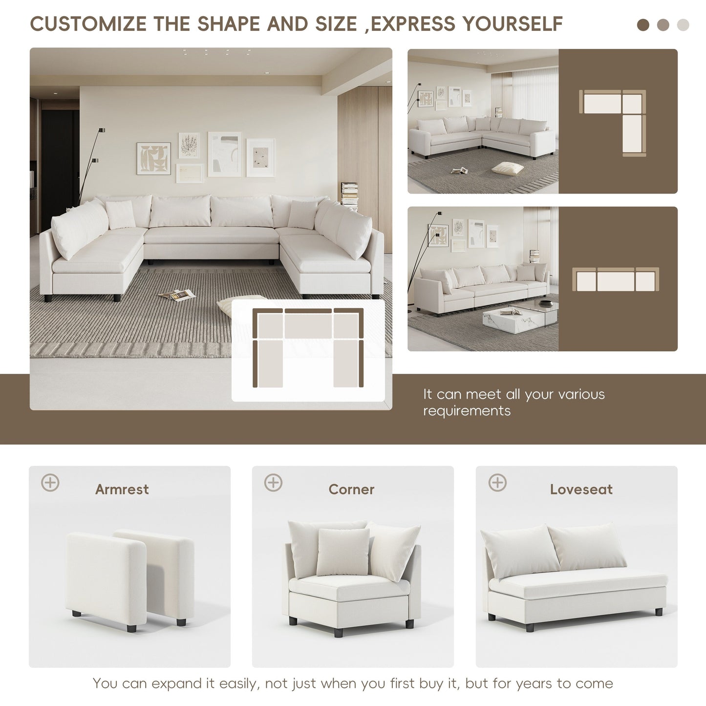 Canapé d'angle, ensemble de canapés en chenille en forme de U réversible, combinaison libre, canapé convertible 8 places surdimensionné