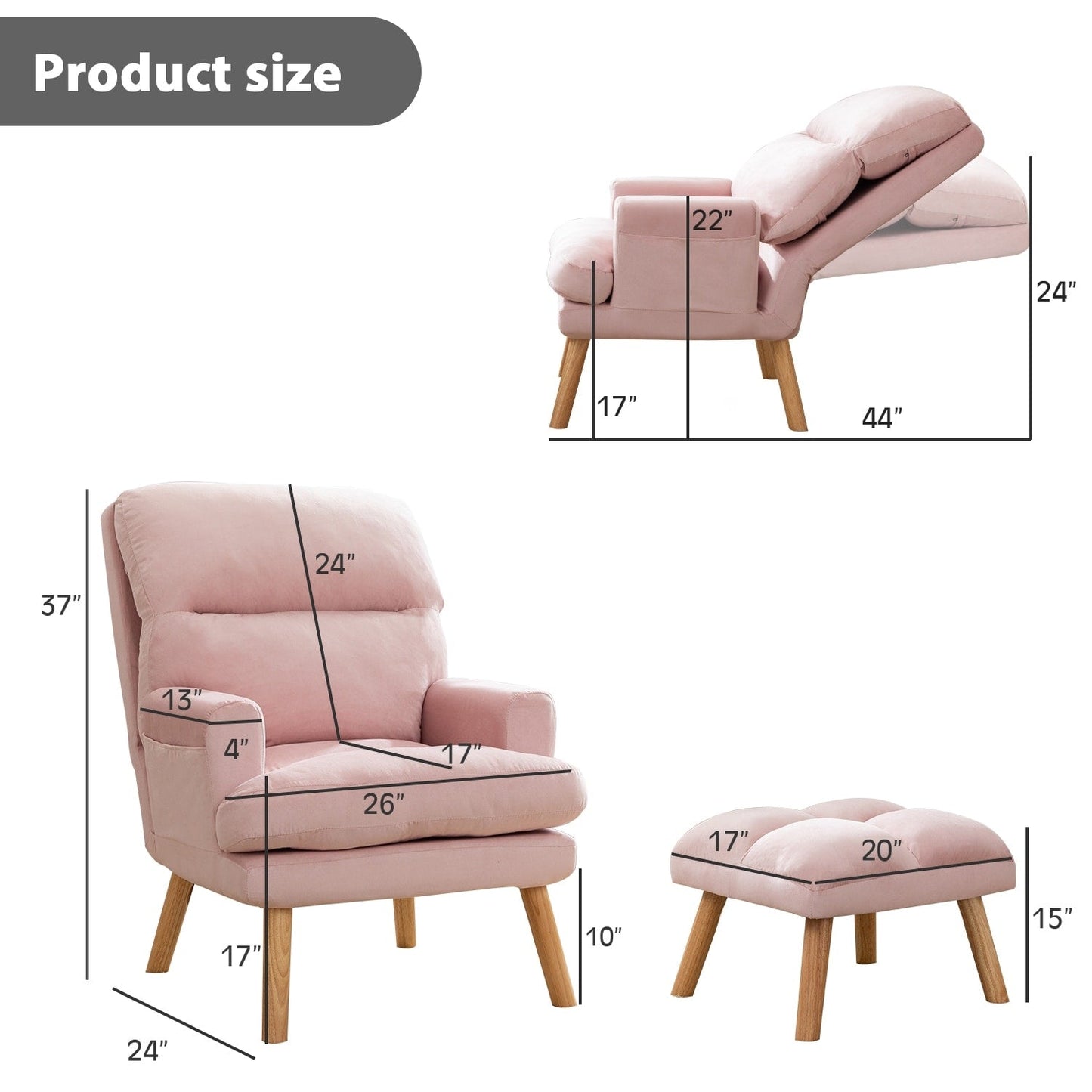 Soft Fabric Casual Living Room Armchair With Adjustable Backrest And Legs Stool