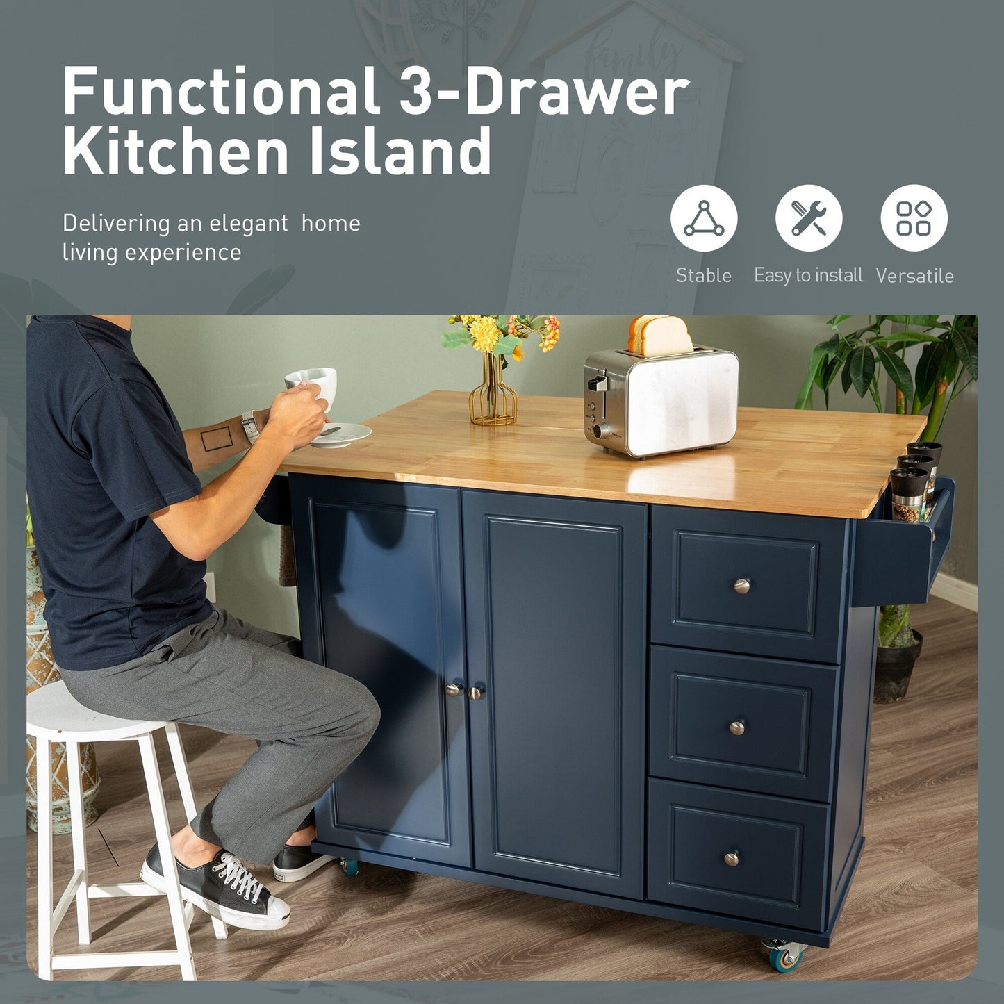 Sophia & William Kitchen Island Cart with Drop-Leaf and Rubber Wood Top, Rolling Kitchen Trolley Cart with Large Storage Cabinet