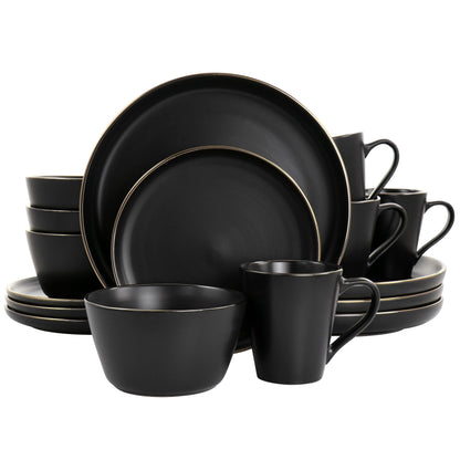 Stoneware Dinnerware 16 Piece Set in Black with Gold Rim