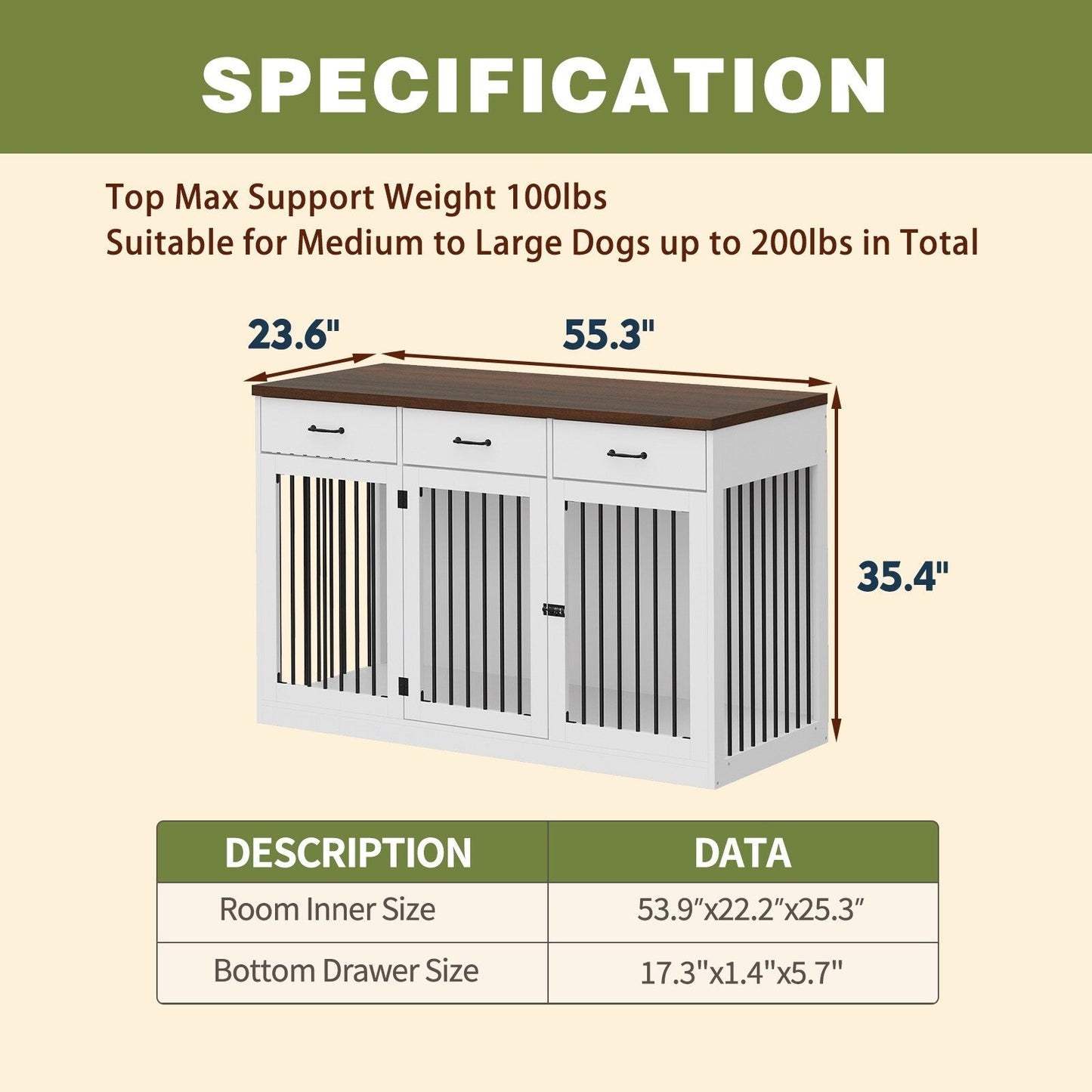 Stylish Wooden Dog Crate Furniture with Storage, 3 Drawers
