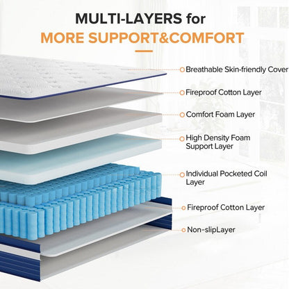 Matelas SweDrea 10 pouces hybride à ressorts, à soulagement de pression et rafraîchissant, moelleux, certifié CertiPUR-US, SGS et OEKO-TEX.