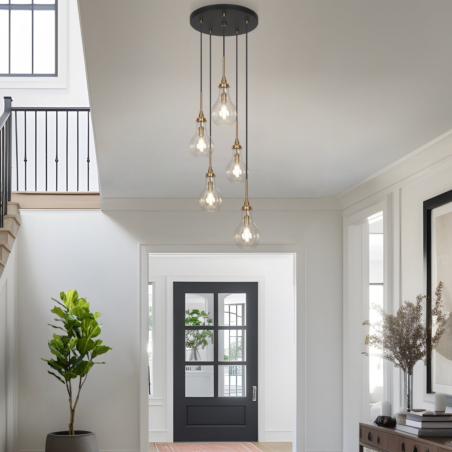 Synia Lustre moderne à 5 lumières en forme de goutte d'eau, suspension pour escalier, entrée, plafonds hauts - D15'' x H18.2-74.2''