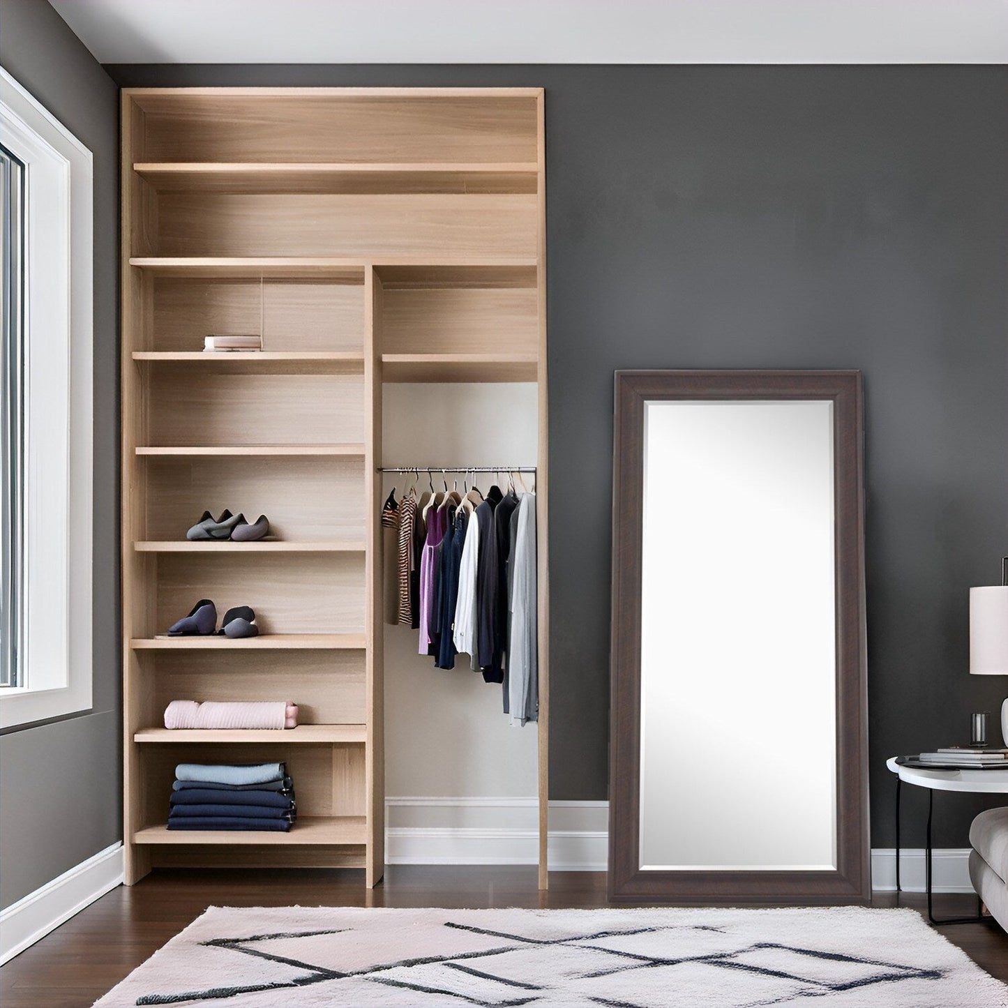 Grand miroir, miroir pleine taille, miroir rectangulaire mural suspendu avec cadre en faux bois lisse.