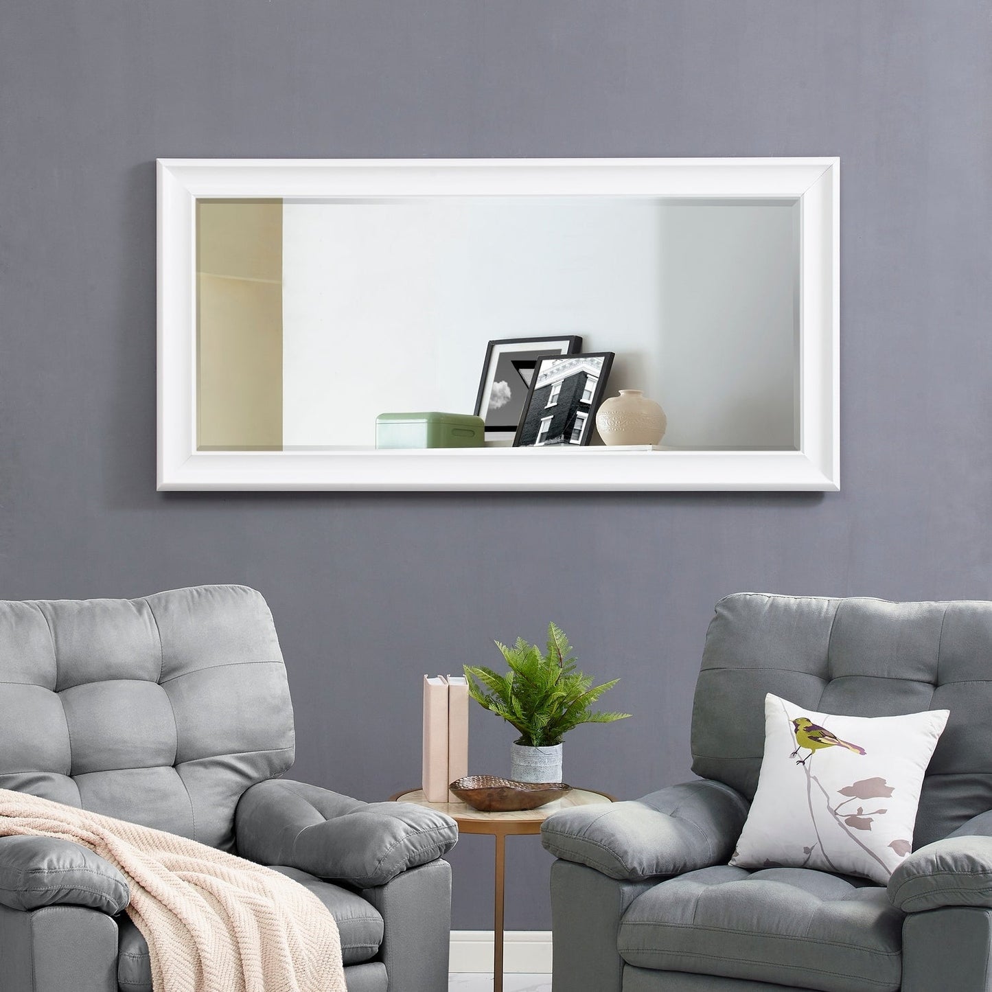 Grand miroir, miroir pleine taille, miroir rectangulaire mural suspendu avec cadre en faux bois lisse.
