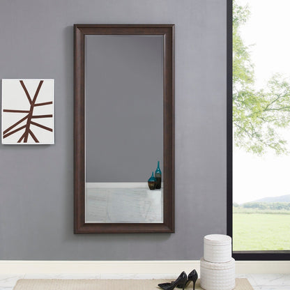 Grand miroir, miroir pleine taille, miroir rectangulaire mural suspendu avec cadre en faux bois lisse.