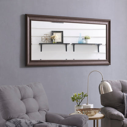 Grand miroir, miroir pleine taille, miroir rectangulaire mural suspendu avec cadre en faux bois lisse.