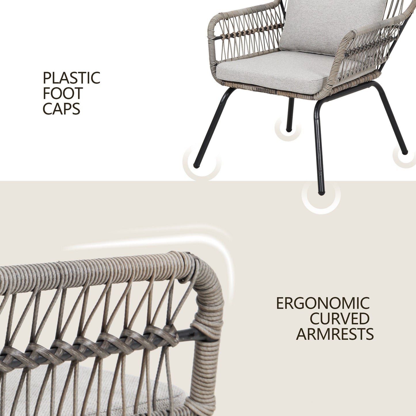 Ensemble de bistro en osier tressé pour extérieur, 3 pièces, ensemble de chaises de patio en rotin résistant aux intempéries avec coussins.