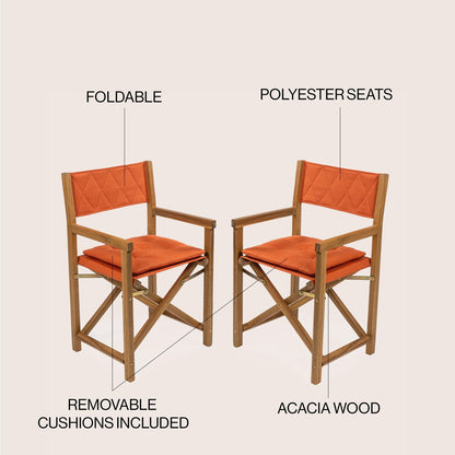 Chaise de réalisateur pliable en bois d'acacia pour extérieur, dossier en losanges matelassés, style milieu de siècle, avec coussin, modèle Theo Classic, par JONATHAN Y (lot de 2)