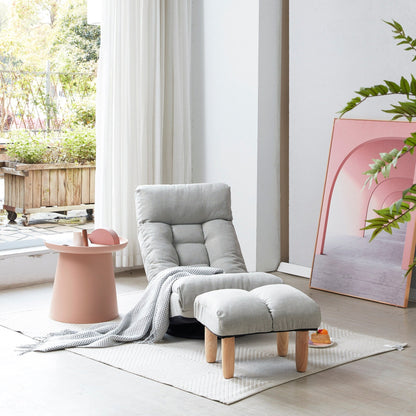 Ensemble de fauteuil inclinable sans accoudoirs, recouvert de tissu, avec repose-pieds et repose-tête réglable.