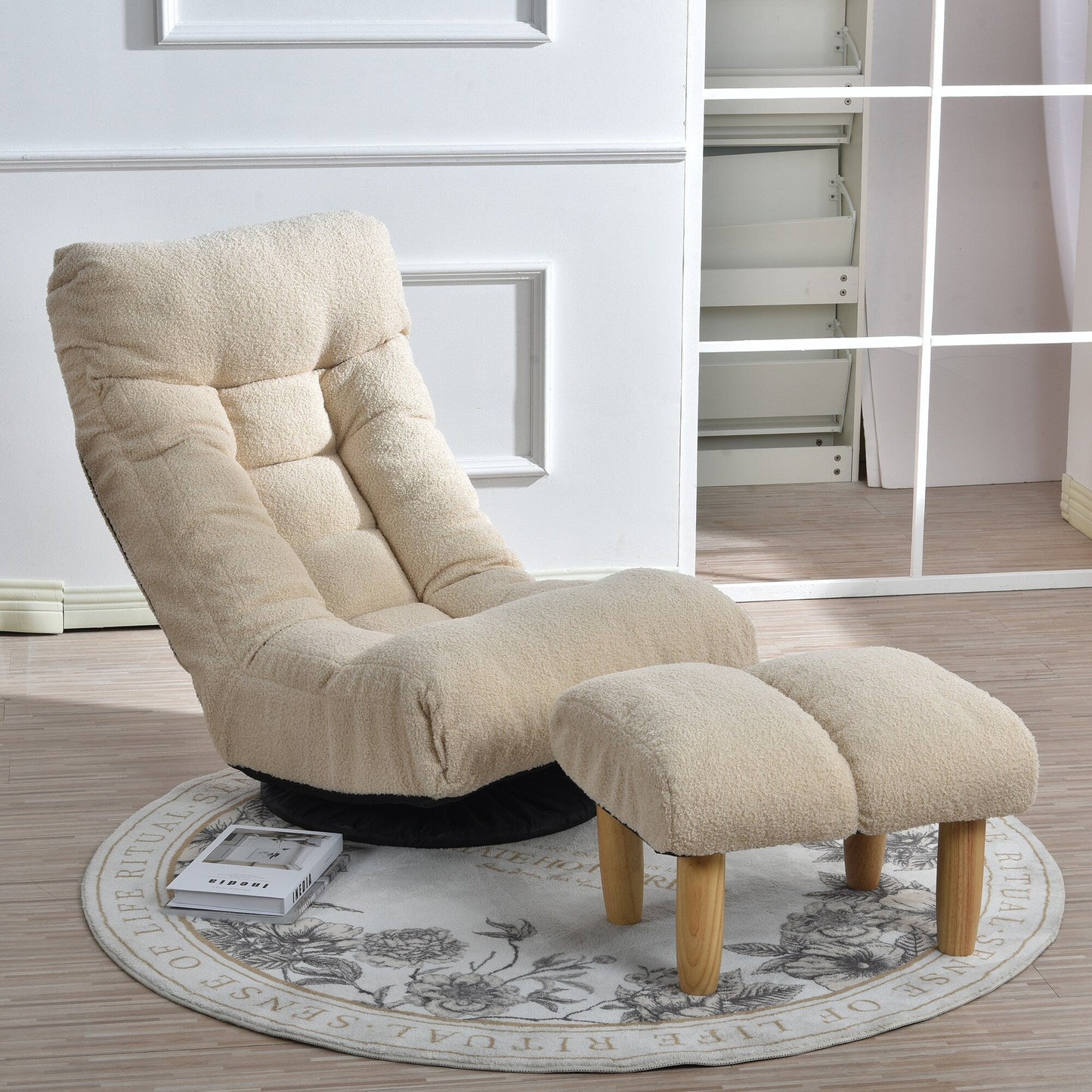 Ensemble de fauteuil inclinable sans accoudoirs, recouvert de tissu, avec repose-pieds et repose-tête réglable.