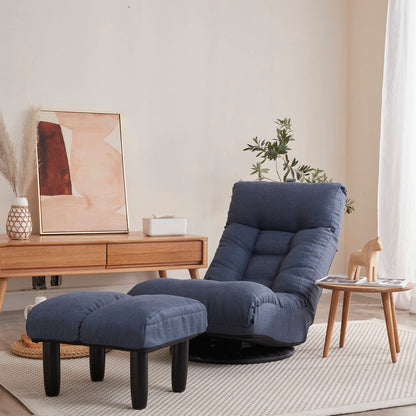 Ensemble de fauteuil inclinable sans accoudoirs, recouvert de tissu, avec repose-pieds et repose-tête réglable.