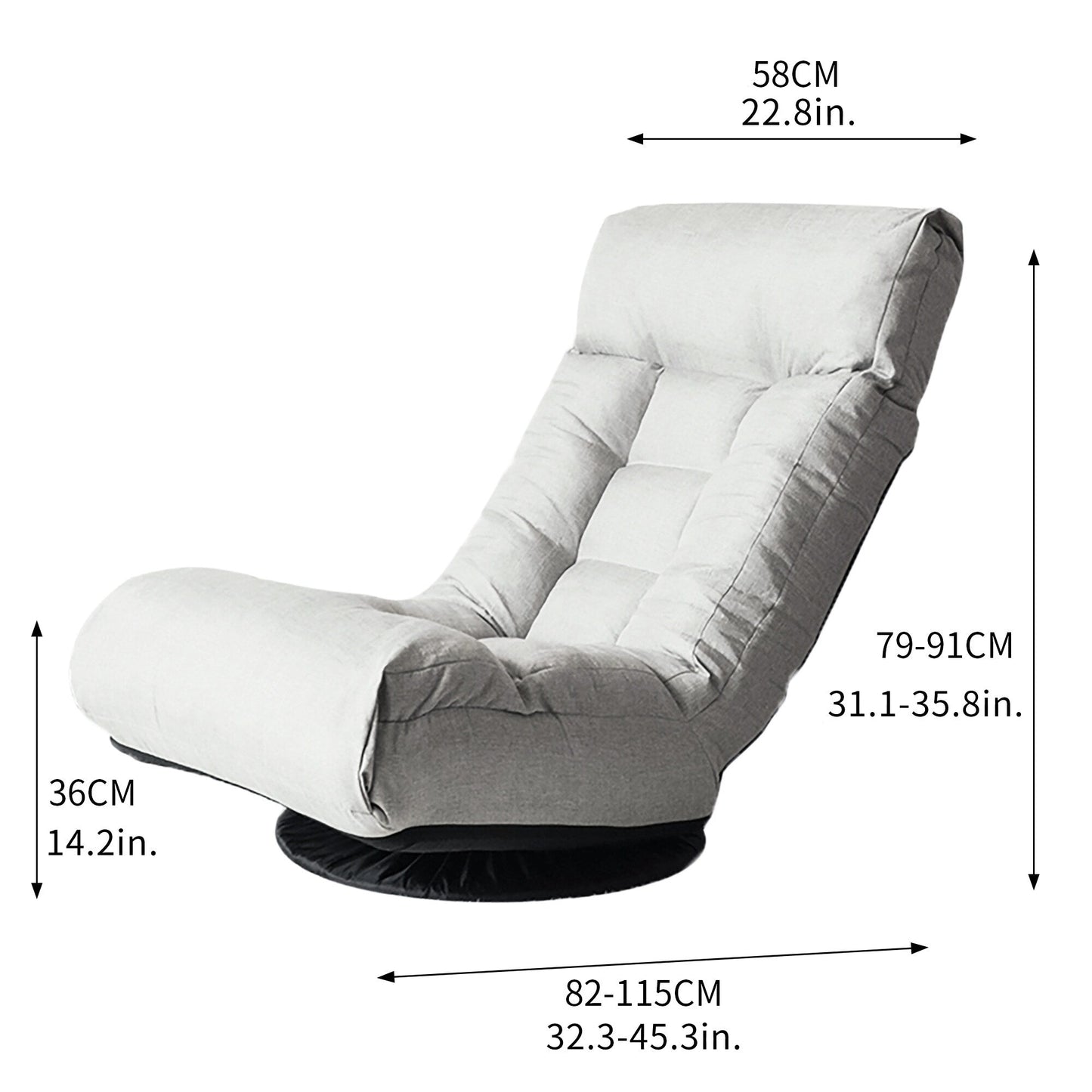 Ensemble de fauteuil inclinable sans accoudoirs, recouvert de tissu, avec repose-pieds et repose-tête réglable.