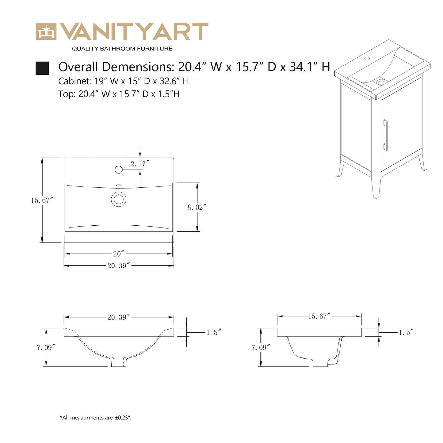 Vanity Art 20 or 24 or 30 Single Sink Bathroom Vanity Cabinet with Ceramic Top