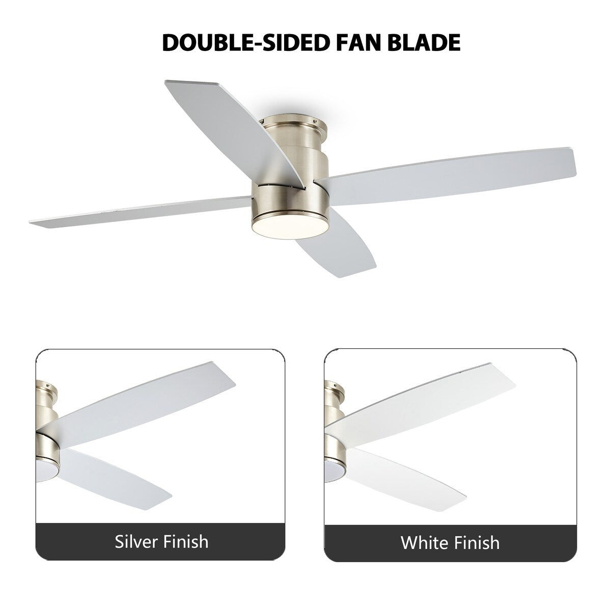 WINGBO 44/52 Inch Flush Mount DC Ceiling Fan with Lights and Remote, 4 Reversible Blades