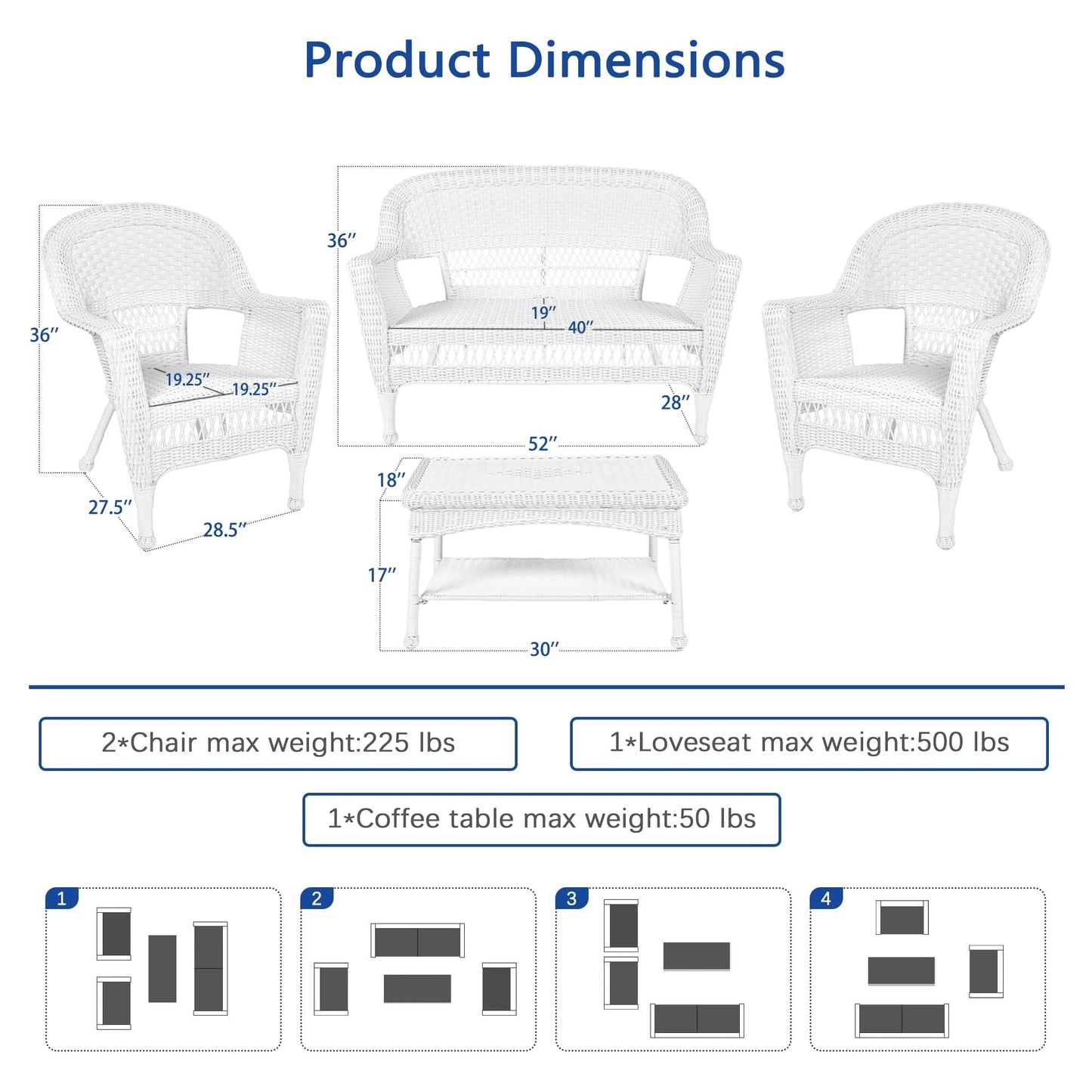 Ensemble de salon en osier pour terrasse, 4 pièces